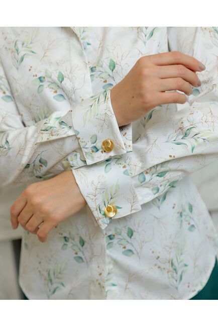 Женская рубашка из хлопа под запонки с принтом зеленые и золотистые веточки - 8719 от byME 