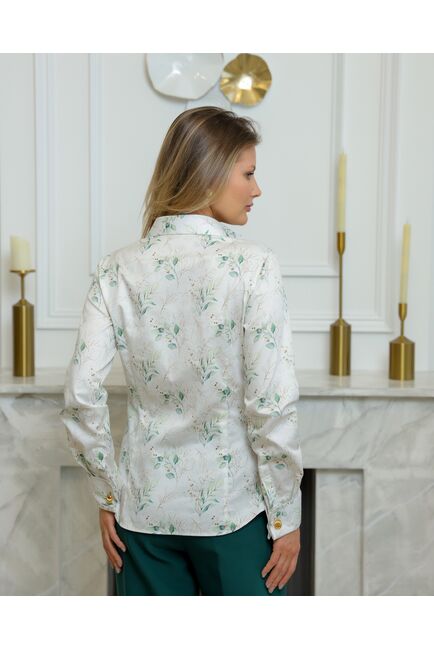 Женская рубашка из хлопа под запонки с принтом зеленые и золотистые веточки - 8719 от byME 