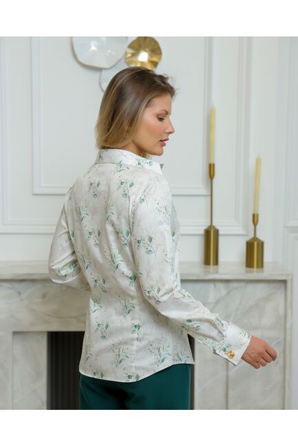 Женская рубашка из хлопа под запонки с принтом зеленые и золотистые веточки - 8719 от byME 