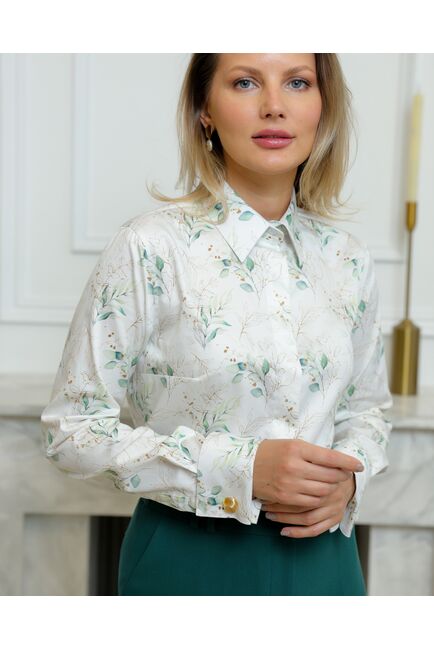 Женская рубашка из хлопа под запонки с принтом зеленые и золотистые веточки - 8719 от byME 