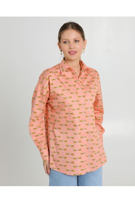 Женская рубашка из хлопка с принтом стрекозы на персиковом фоне -8728 от byME 