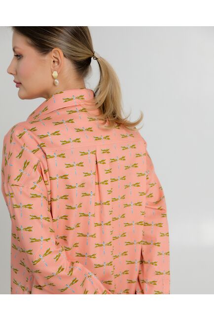 Женская рубашка из хлопка с принтом стрекозы на персиковом фоне -8728 от byME 