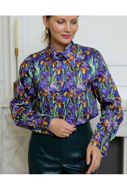 Женская рубашка из хлопка с принтом ирисы с универсальной манжетой - 8731 от byME 