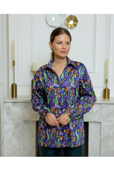 Женская рубашка из хлопка с принтом ирисы с универсальной манжетой - 8731 от byME 