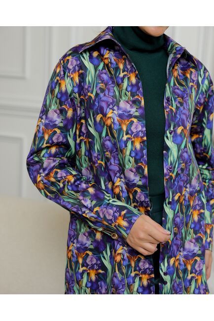 Женская рубашка из хлопка с принтом ирисы с универсальной манжетой - 8731 от byME 