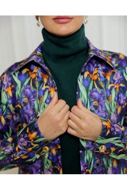 Женская рубашка из хлопка с принтом ирисы с универсальной манжетой - 8731 от byME 