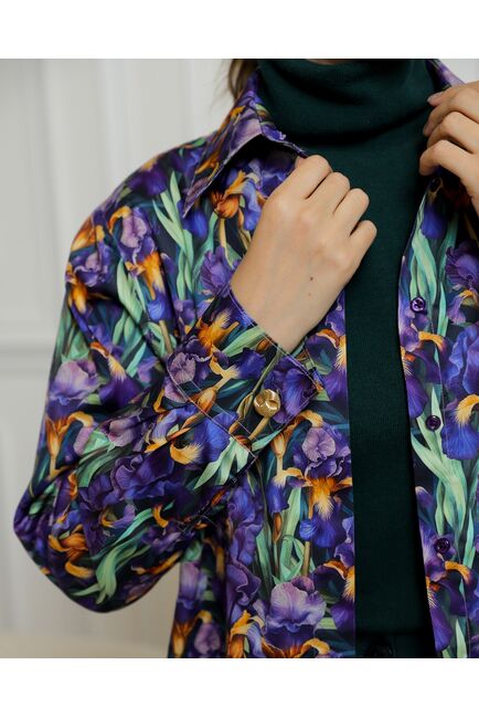 Женская рубашка из хлопка с принтом ирисы с универсальной манжетой - 8731 от byME 