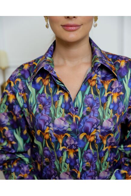 Женская рубашка из хлопка с принтом ирисы с универсальной манжетой - 8731 от byME 
