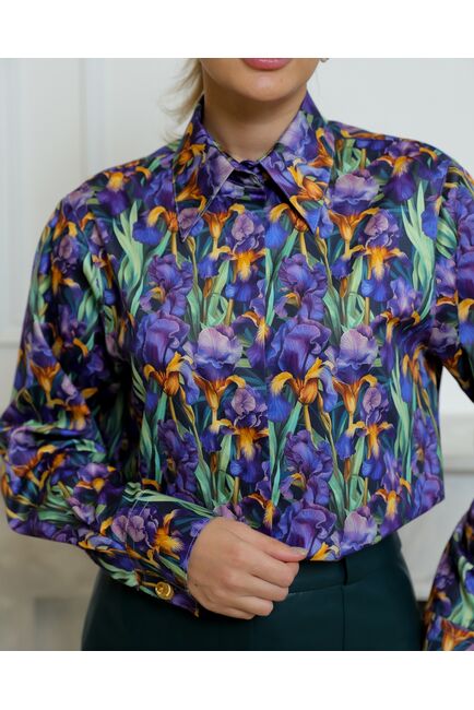 Женская рубашка из хлопка с принтом ирисы с универсальной манжетой - 8731 от byME 
