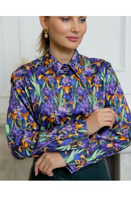 Женская рубашка из хлопка с принтом ирисы с универсальной манжетой - 8731 от byME 