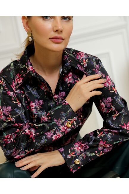 Женская рубашка из хлопка с принтом стрекозы с лилиями с универсальной манжетой - 8732 от byME 