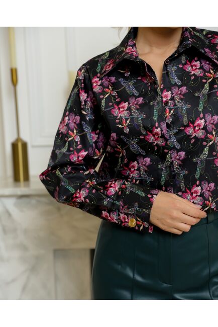 Женская рубашка из хлопка с принтом стрекозы с лилиями с универсальной манжетой - 8732 от byME 