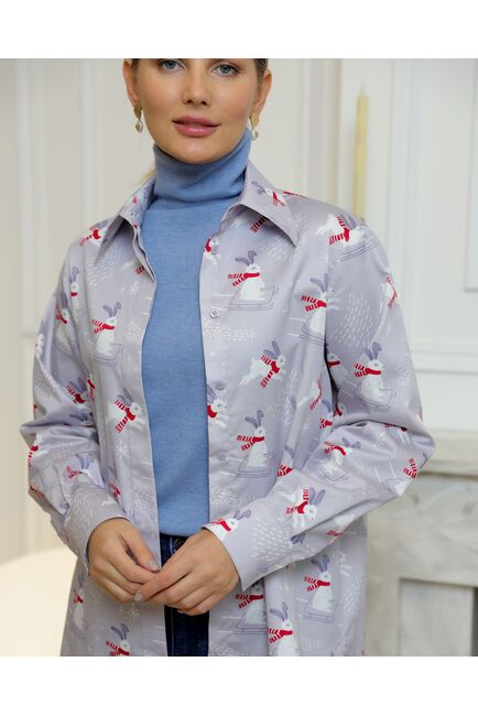 Женская рубашка из хлопка с универсальной манжетой с принтом зайцы на сером фоне -8733 от byME 