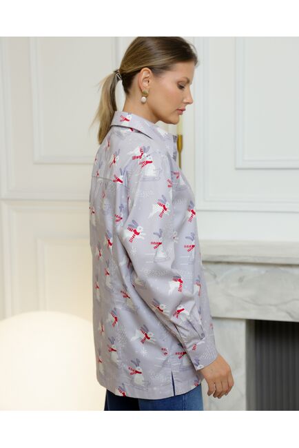 Женская рубашка из хлопка с универсальной манжетой с принтом зайцы на сером фоне -8733 от byME 