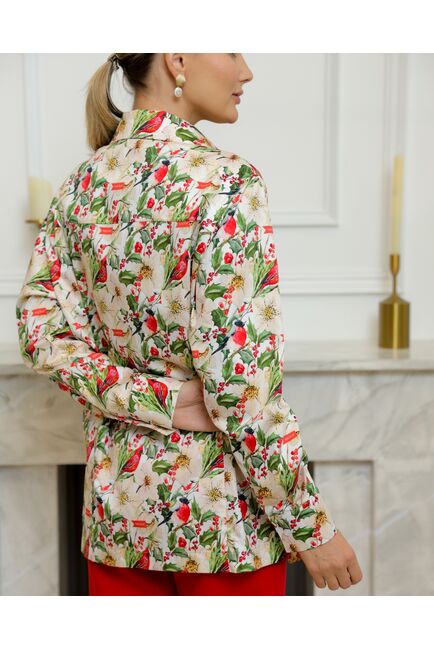Женская рубашка из хлопка с универсальной манжетой и принтом снегири в цветах - 8734 от byME 