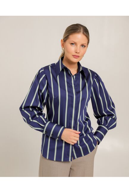 Женская рубашка из хлопка синяя в крупную полоску - 8738 от byME 
