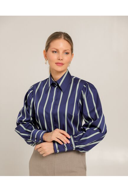 Женская рубашка из хлопка синяя в крупную полоску - 8738 от byME 
