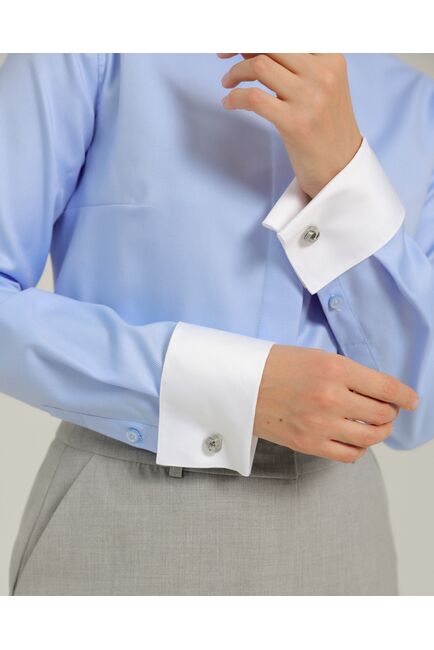 Женская рубашка из хлопка под запонки голубая с белым воротником и манжетами - 8739 от byME 
