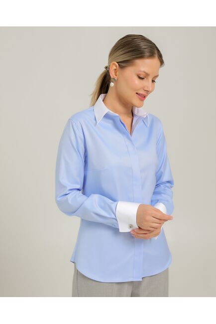 Женская рубашка из хлопка под запонки голубая с белым воротником и манжетами - 8739 от byME 