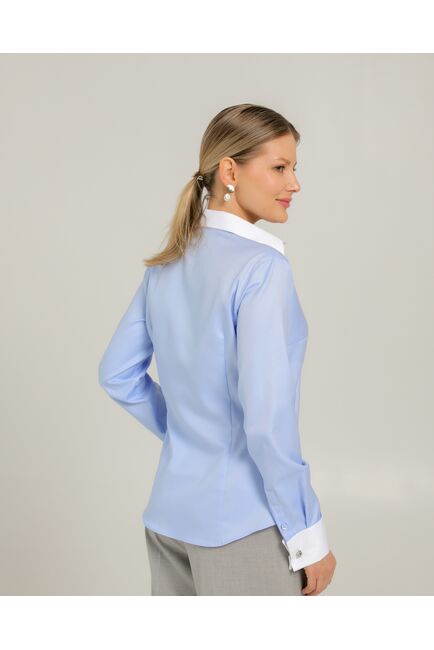 Женская рубашка из хлопка под запонки голубая с белым воротником и манжетами - 8739 от byME 