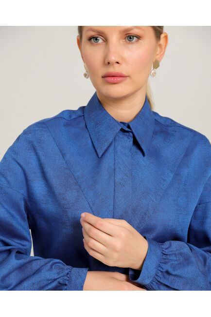 Женская рубашка полуприталенная  синяя  из района и тенсела  синяя - 8753 от byME 