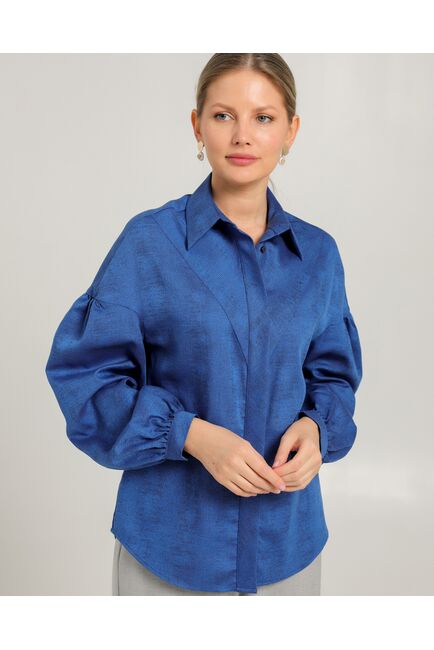 Женская рубашка полуприталенная  синяя  из района и тенсела  синяя - 8753 от byME 
