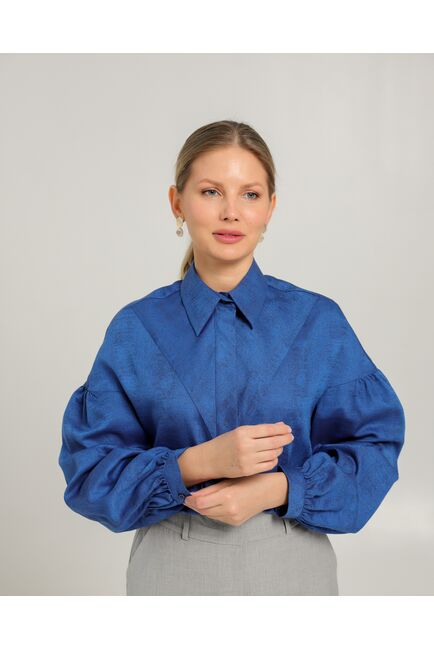 Женская рубашка полуприталенная  синяя  из района и тенсела  синяя - 8753 от byME 