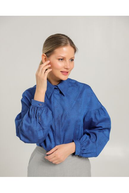 Женская рубашка полуприталенная  синяя  из района и тенсела  синяя - 8753 от byME 