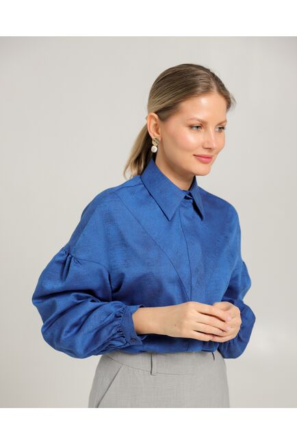 Женская рубашка полуприталенная  синяя  из района и тенсела  синяя - 8753 от byME 
