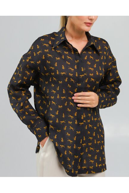 Женская рубашка с универсальным манжетом принт золотые леопарды на чёрном фон - 8545 от byME 
