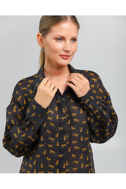 Женская рубашка с универсальным манжетом принт золотые леопарды на чёрном фон - 8545 от byME 