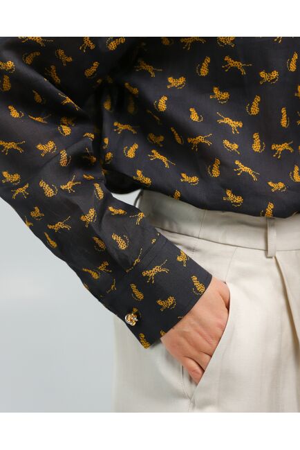 Женская рубашка с универсальным манжетом принт золотые леопарды на чёрном фон - 8545 от byME 