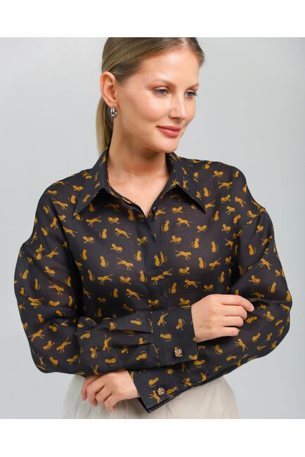 Женская рубашка с универсальным манжетом принт золотые леопарды на чёрном фон - 8545 от byME 