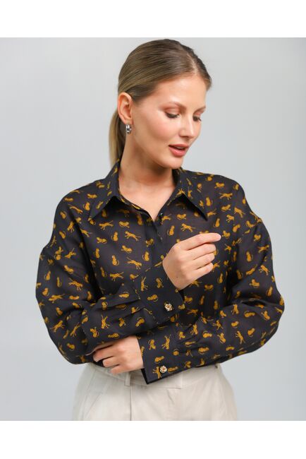 Женская рубашка с универсальным манжетом принт золотые леопарды на чёрном фон - 8545 от byME 