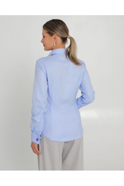 Женская рубашка из хлопка под запонки голубая с отделкой синие листочки-8762 от byME 
