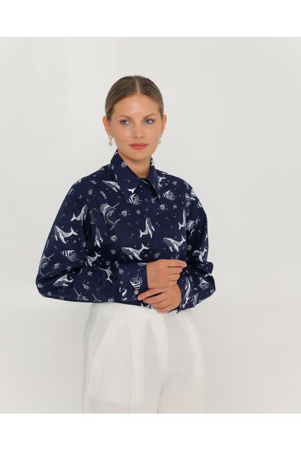 Женская рубашка из хлопка с принтом морские обитатели-8763 от byME 