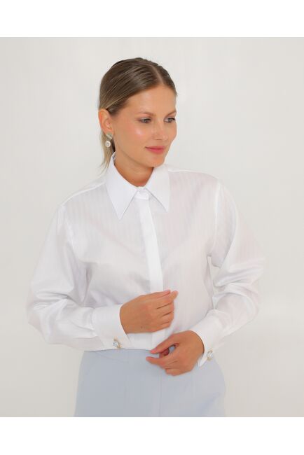 Женская рубашка белая из хлопка с универсальным манжетом-8765 от byME 