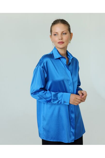 Женская рубашка из шелка синяя-8771 от byME 