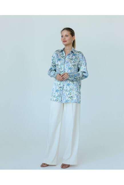 Женская рубашка из шелка с принтом цветы в сиреневых оттенках-8775 от byME 