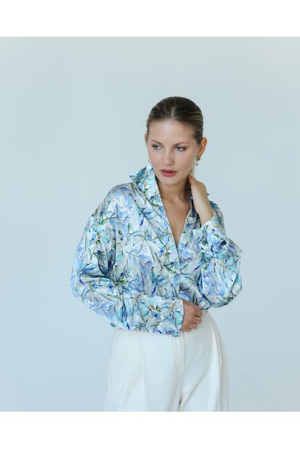 Женская рубашка из шелка с принтом цветы в сиреневых оттенках-8775 от byME 