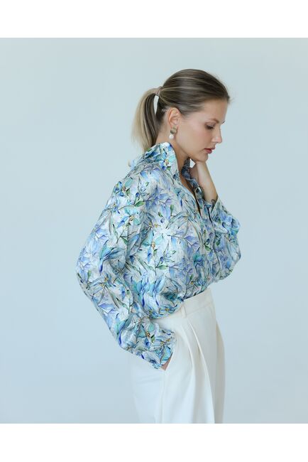 Женская рубашка из шелка с принтом цветы в сиреневых оттенках-8775 от byME 