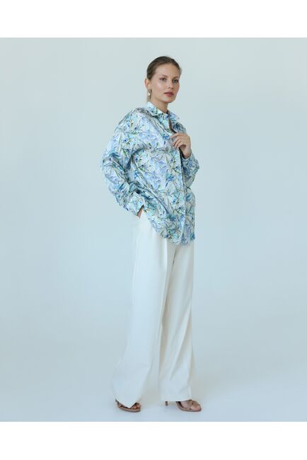 Женская рубашка из шелка с принтом цветы в сиреневых оттенках-8775 от byME 