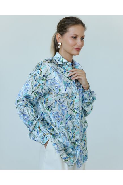 Женская рубашка из шелка с принтом цветы в сиреневых оттенках-8775 от byME 
