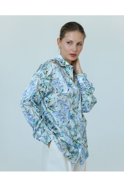 Женская рубашка из шелка с принтом цветы в сиреневых оттенках-8775 от byME 