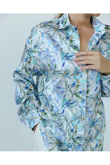 Женская рубашка из шелка с принтом цветы в сиреневых оттенках-8775 от byME 