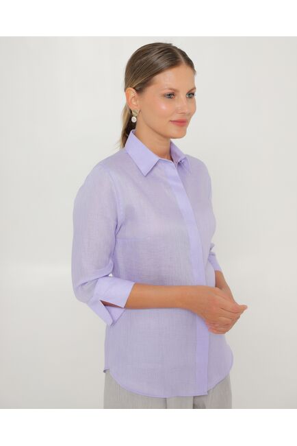 Женская рубашка из льна рукав 3/4 фиолетовая-8791 от byME 