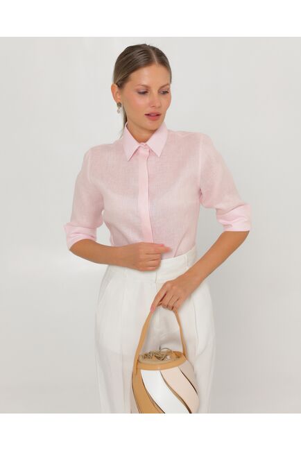Женская рубашка из льна рукав 3/4 розовая-8792 от byME 