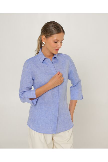 Женская рубашка из льна рукав 3/4 синяя-8793 от byME 