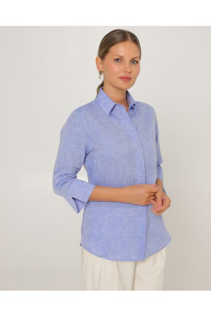 Женская рубашка из льна рукав 3/4 синяя-8793 от byME 