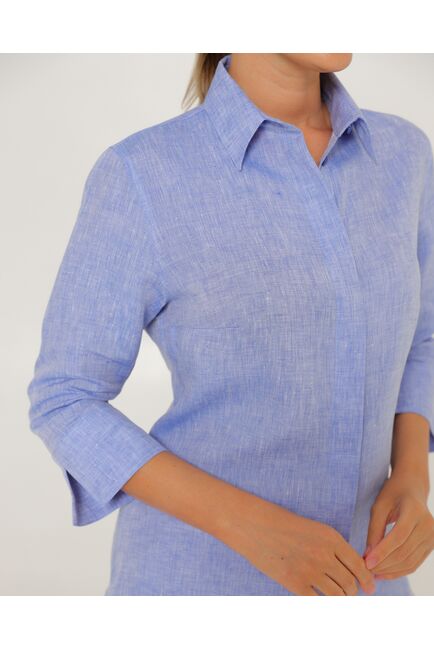 Женская рубашка из льна рукав 3/4 синяя-8793 от byME 